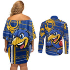 West Coast Eagles Couples Matching Off Shoulder Short Dress and Long Sleeve Button Shirt Mascot Cartoon Football Illustration Style