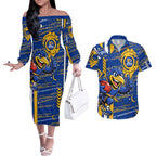West Coast Eagles Couples Matching Off The Shoulder Long Sleeve Dress and Hawaiian Shirt Mascot Cartoon Football Illustration Style
