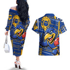 West Coast Eagles Couples Matching Off The Shoulder Long Sleeve Dress and Hawaiian Shirt Mascot Cartoon Football Illustration Style