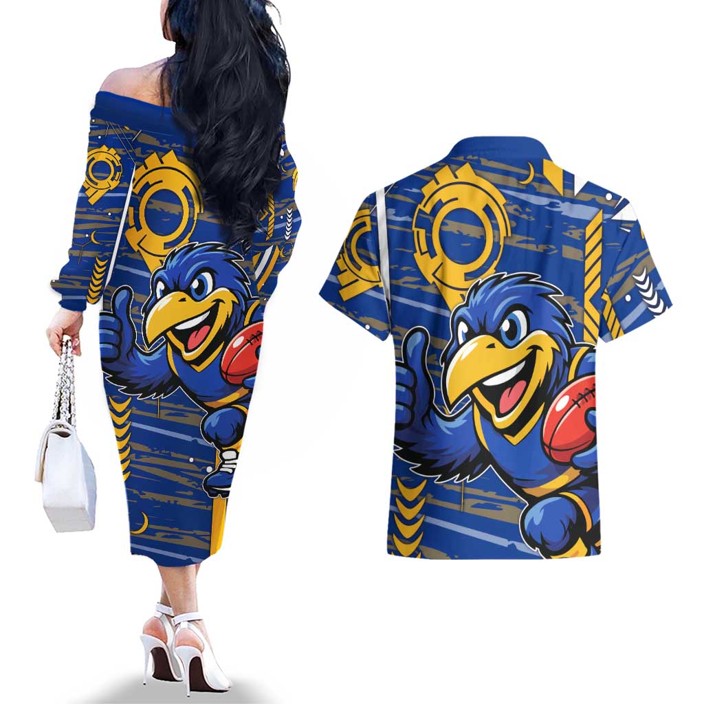 West Coast Eagles Couples Matching Off The Shoulder Long Sleeve Dress and Hawaiian Shirt Mascot Cartoon Football Illustration Style