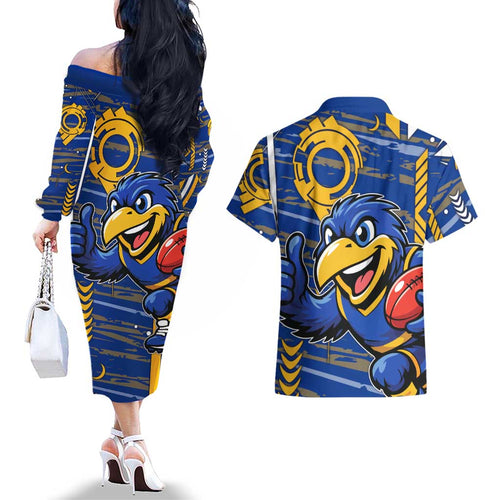 West Coast Eagles Couples Matching Off The Shoulder Long Sleeve Dress and Hawaiian Shirt Mascot Cartoon Football Illustration Style
