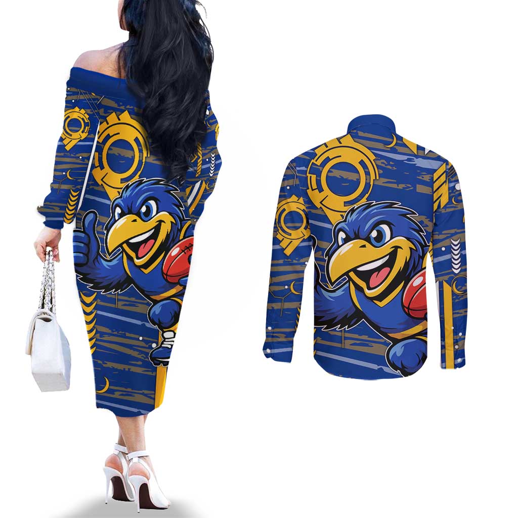 West Coast Eagles Couples Matching Off The Shoulder Long Sleeve Dress and Long Sleeve Button Shirt Mascot Cartoon Football Illustration Style