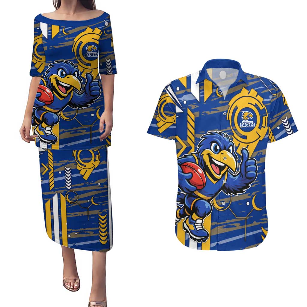 West Coast Eagles Couples Matching Puletasi and Hawaiian Shirt Mascot Cartoon Football Illustration Style