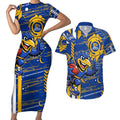 West Coast Eagles Couples Matching Short Sleeve Bodycon Dress and Hawaiian Shirt Mascot Cartoon Football Illustration Style
