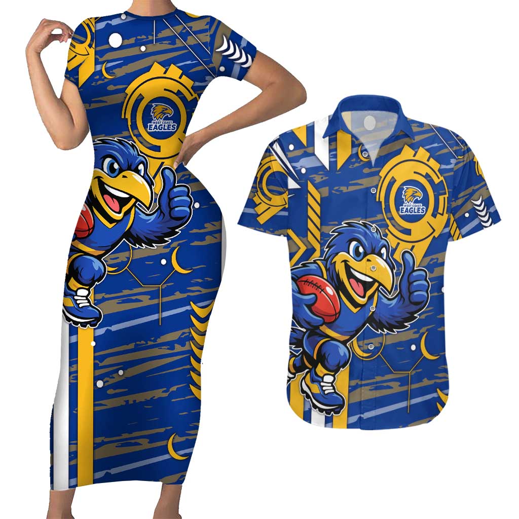 West Coast Eagles Couples Matching Short Sleeve Bodycon Dress and Hawaiian Shirt Mascot Cartoon Football Illustration Style