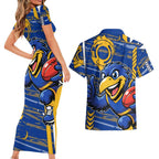 West Coast Eagles Couples Matching Short Sleeve Bodycon Dress and Hawaiian Shirt Mascot Cartoon Football Illustration Style
