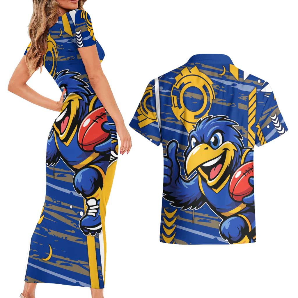 West Coast Eagles Couples Matching Short Sleeve Bodycon Dress and Hawaiian Shirt Mascot Cartoon Football Illustration Style