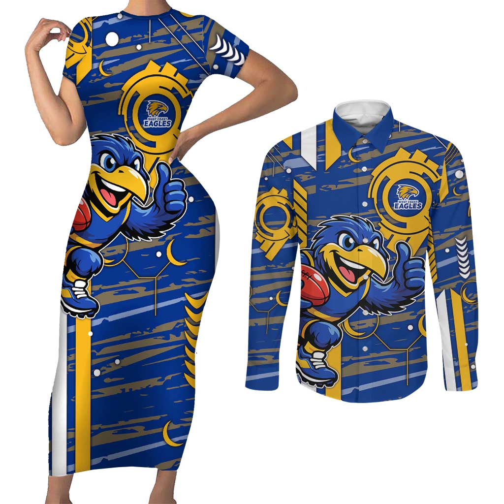 West Coast Eagles Couples Matching Short Sleeve Bodycon Dress and Long Sleeve Button Shirt Mascot Cartoon Football Illustration Style