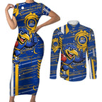 West Coast Eagles Couples Matching Short Sleeve Bodycon Dress and Long Sleeve Button Shirt Mascot Cartoon Football Illustration Style