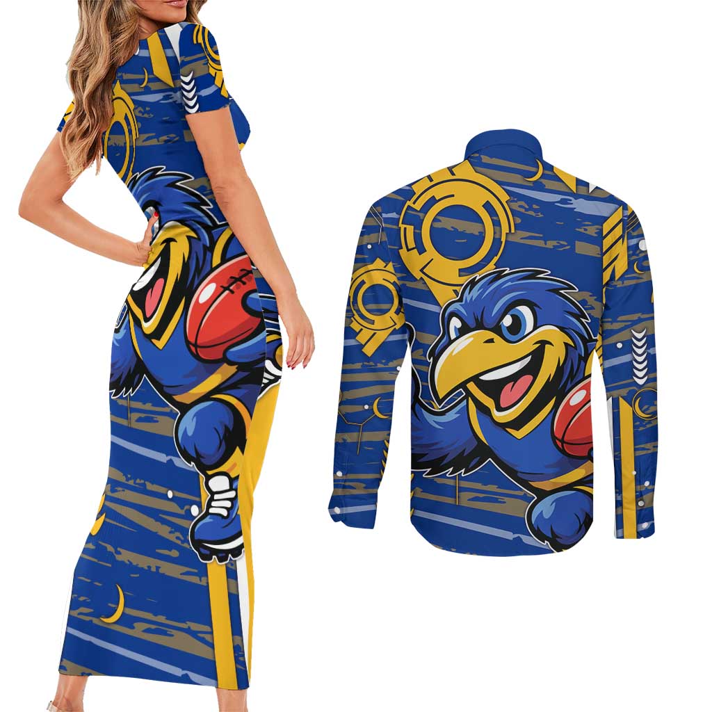 West Coast Eagles Couples Matching Short Sleeve Bodycon Dress and Long Sleeve Button Shirt Mascot Cartoon Football Illustration Style