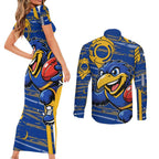 West Coast Eagles Couples Matching Short Sleeve Bodycon Dress and Long Sleeve Button Shirt Mascot Cartoon Football Illustration Style