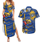West Coast Eagles Couples Matching Summer Maxi Dress and Hawaiian Shirt Mascot Cartoon Football Illustration Style