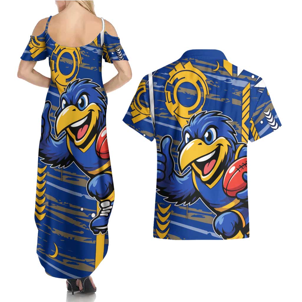 West Coast Eagles Couples Matching Summer Maxi Dress and Hawaiian Shirt Mascot Cartoon Football Illustration Style