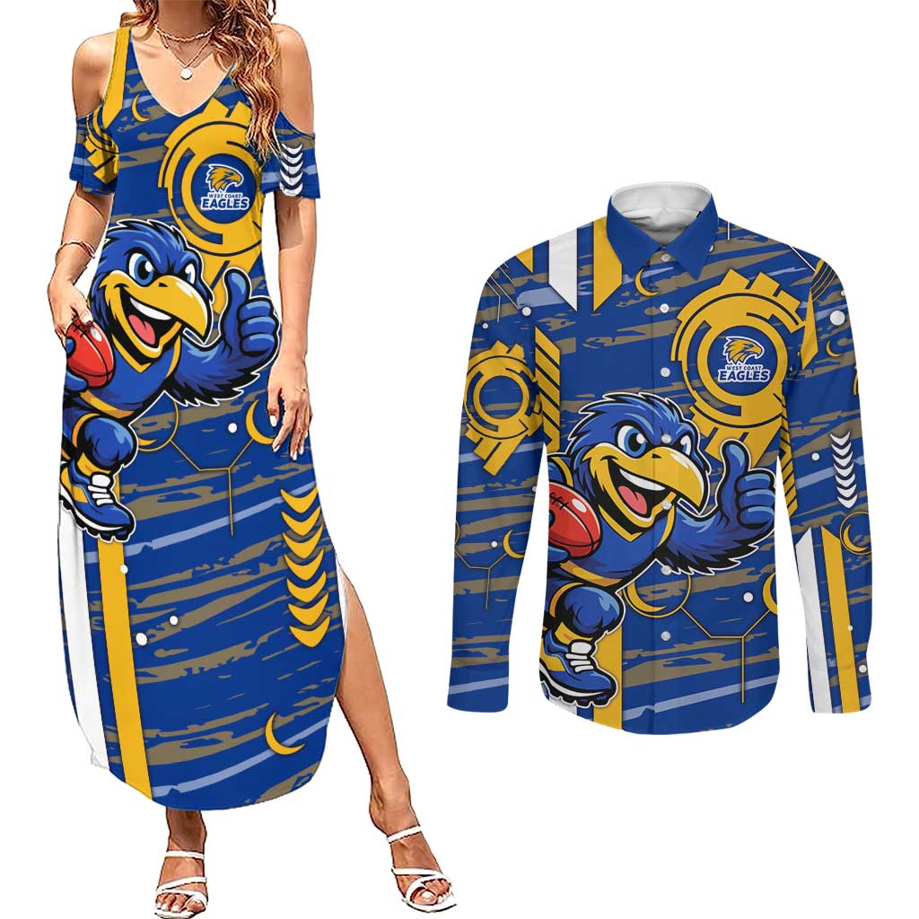 West Coast Eagles Couples Matching Summer Maxi Dress and Long Sleeve Button Shirt Mascot Cartoon Football Illustration Style