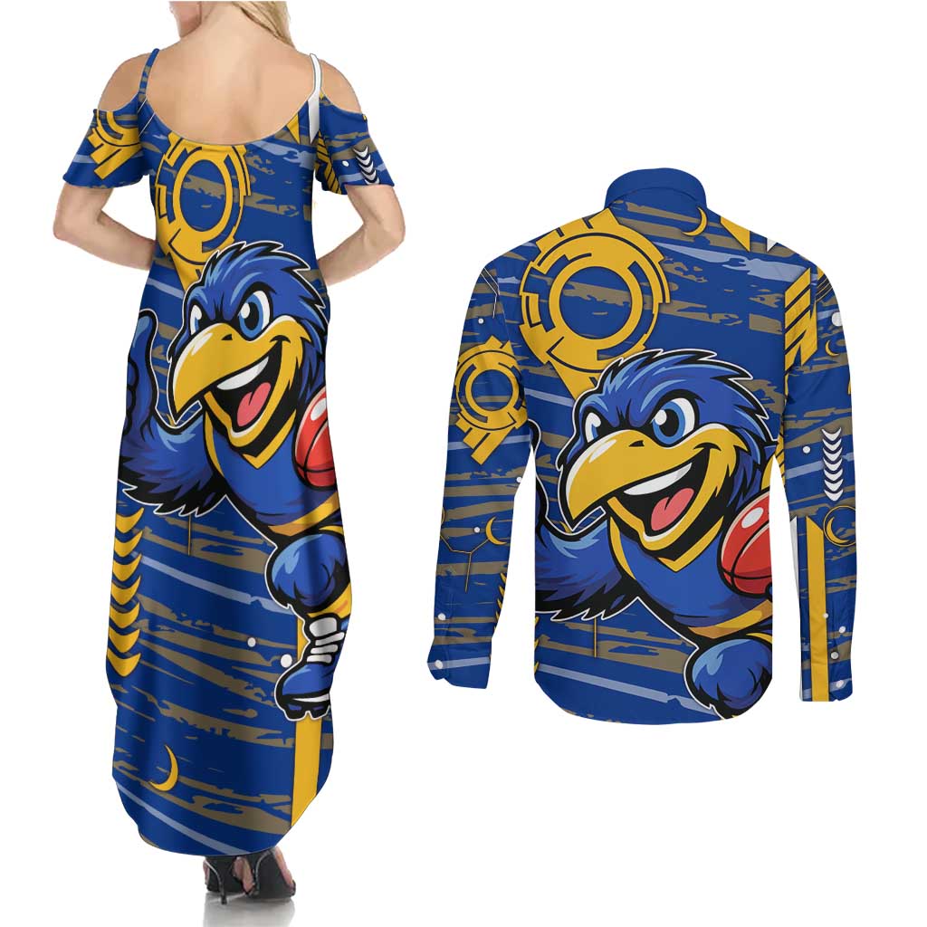 West Coast Eagles Couples Matching Summer Maxi Dress and Long Sleeve Button Shirt Mascot Cartoon Football Illustration Style