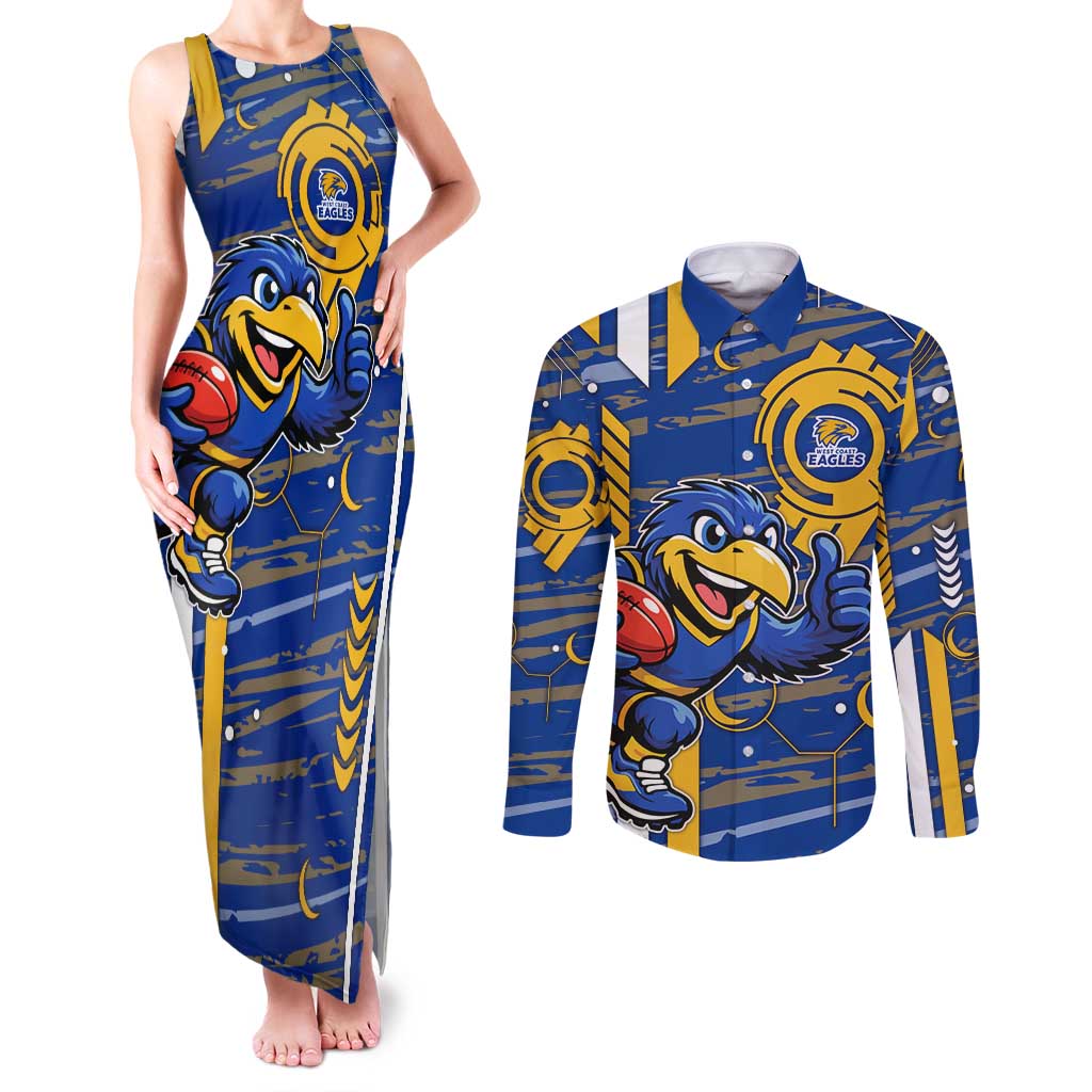 West Coast Eagles Couples Matching Tank Maxi Dress and Long Sleeve Button Shirt Mascot Cartoon Football Illustration Style