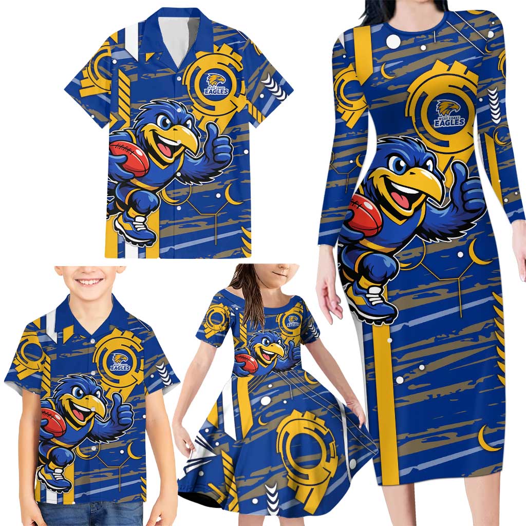 West Coast Eagles Family Matching Long Sleeve Bodycon Dress and Hawaiian Shirt Mascot Cartoon Football Illustration Style