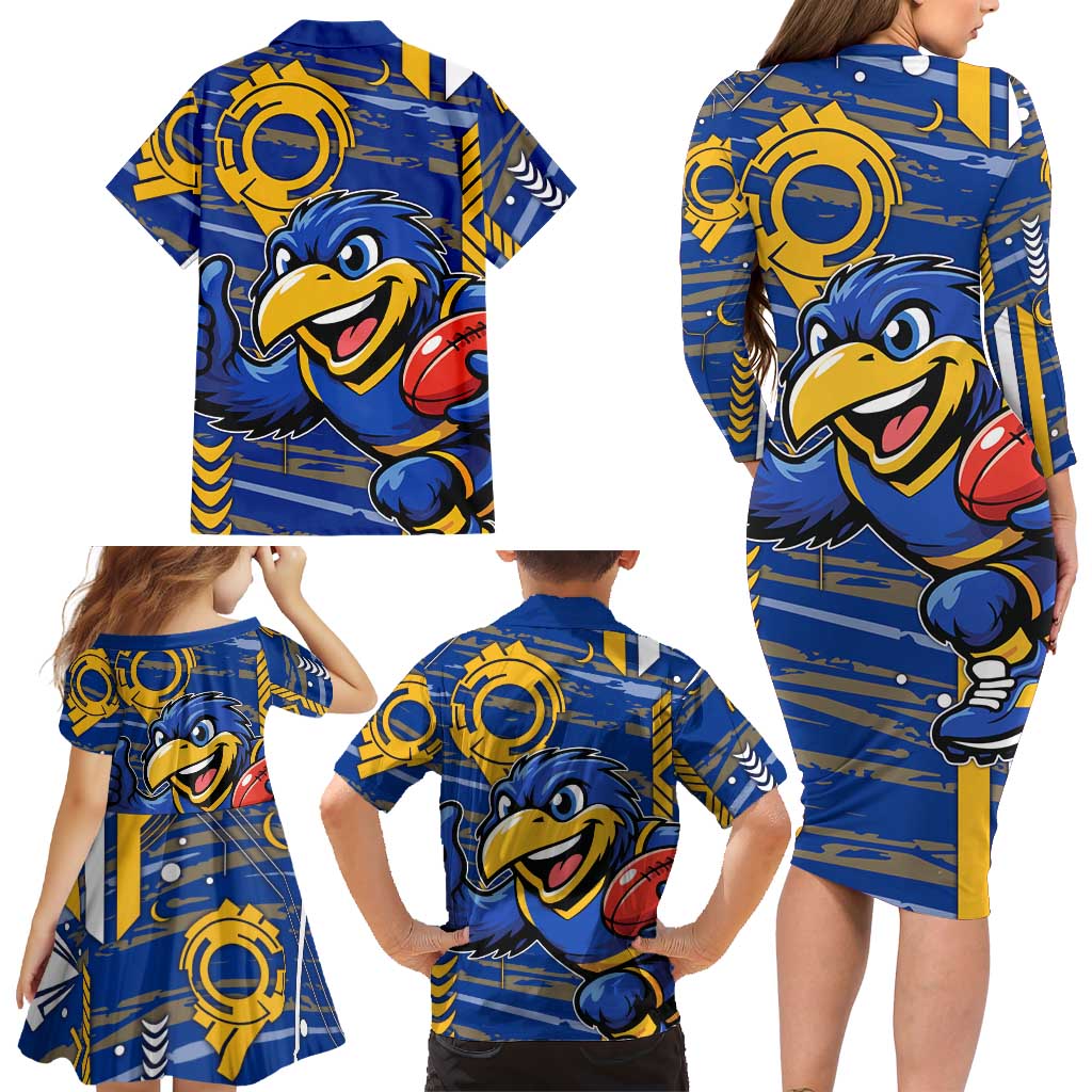 West Coast Eagles Family Matching Long Sleeve Bodycon Dress and Hawaiian Shirt Mascot Cartoon Football Illustration Style