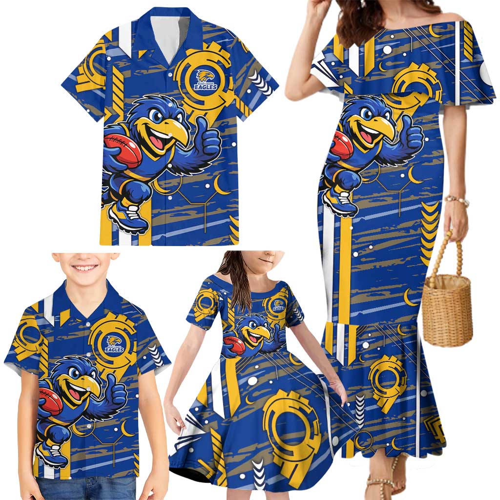 West Coast Eagles Family Matching Mermaid Dress and Hawaiian Shirt Mascot Cartoon Football Illustration Style