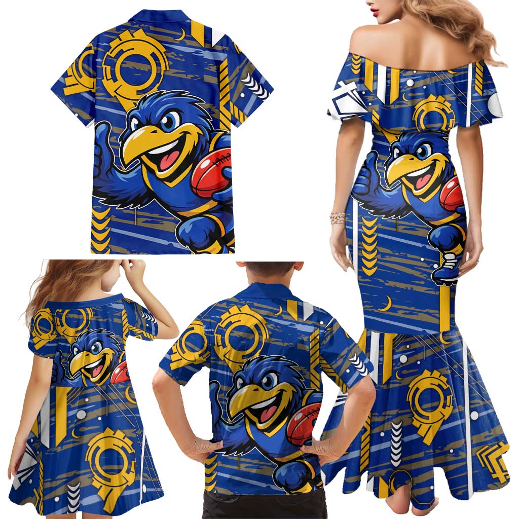 West Coast Eagles Family Matching Mermaid Dress and Hawaiian Shirt Mascot Cartoon Football Illustration Style