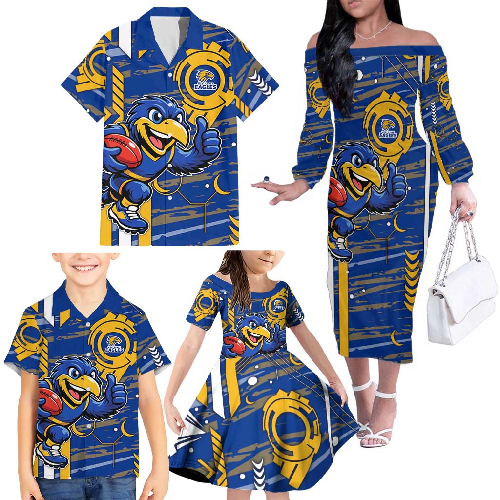West Coast Eagles Family Matching Off The Shoulder Long Sleeve Dress and Hawaiian Shirt Mascot Cartoon Football Illustration Style