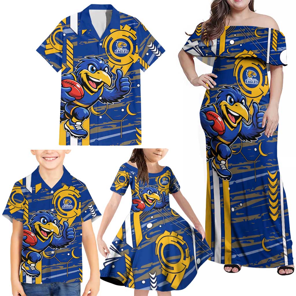 West Coast Eagles Family Matching Off Shoulder Maxi Dress and Hawaiian Shirt Mascot Cartoon Football Illustration Style