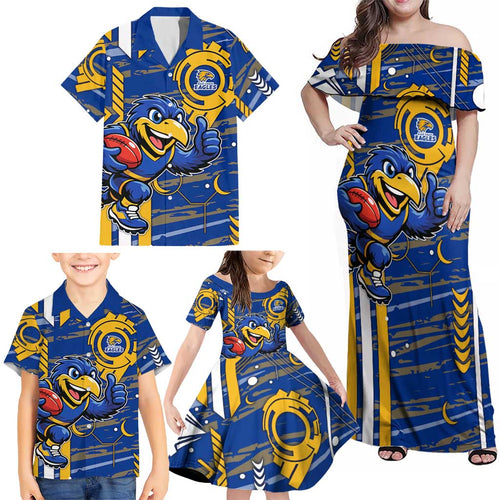 West Coast Eagles Family Matching Off Shoulder Maxi Dress and Hawaiian Shirt Mascot Cartoon Football Illustration Style