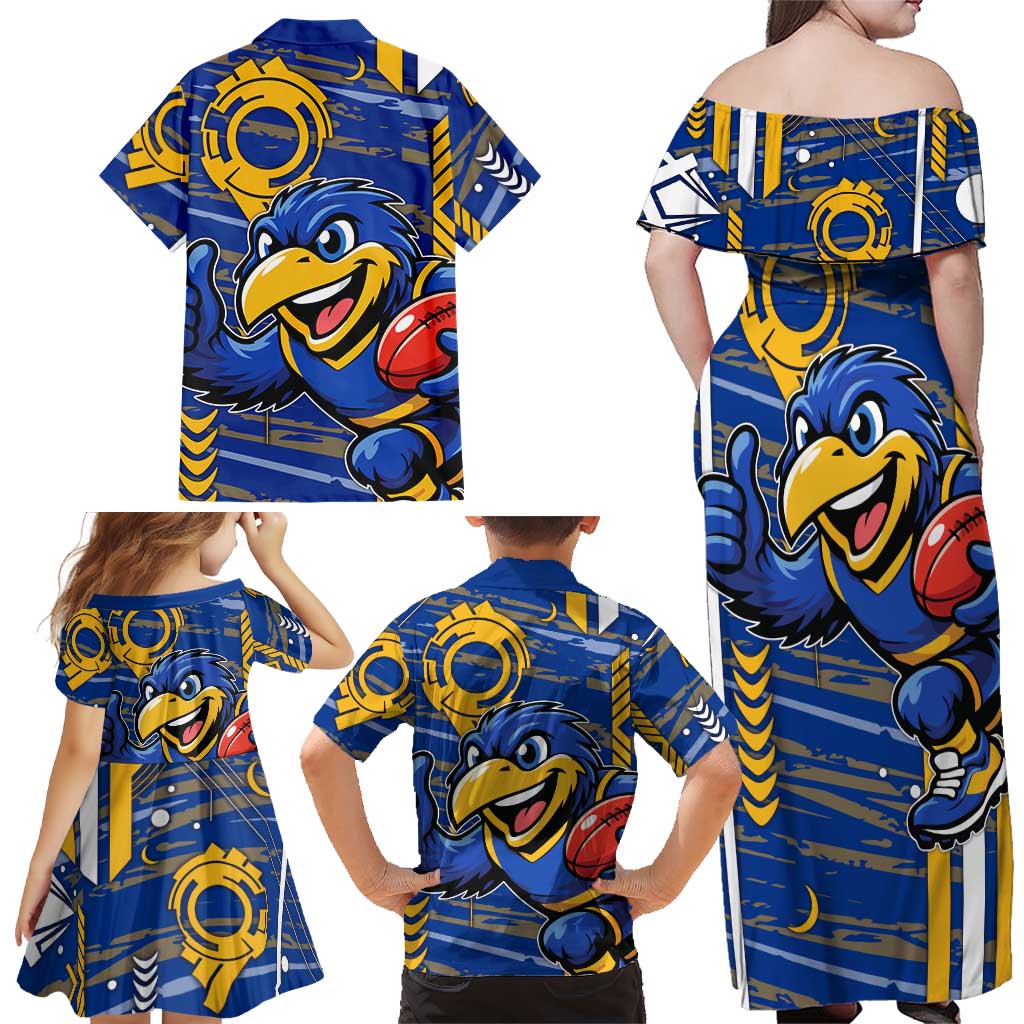West Coast Eagles Family Matching Off Shoulder Maxi Dress and Hawaiian Shirt Mascot Cartoon Football Illustration Style