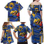 West Coast Eagles Family Matching Off Shoulder Maxi Dress and Hawaiian Shirt Mascot Cartoon Football Illustration Style
