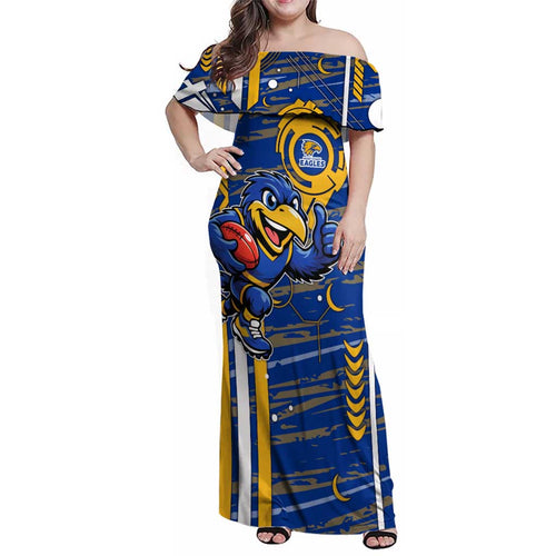 West Coast Eagles Family Matching Off Shoulder Maxi Dress and Hawaiian Shirt Mascot Cartoon Football Illustration Style