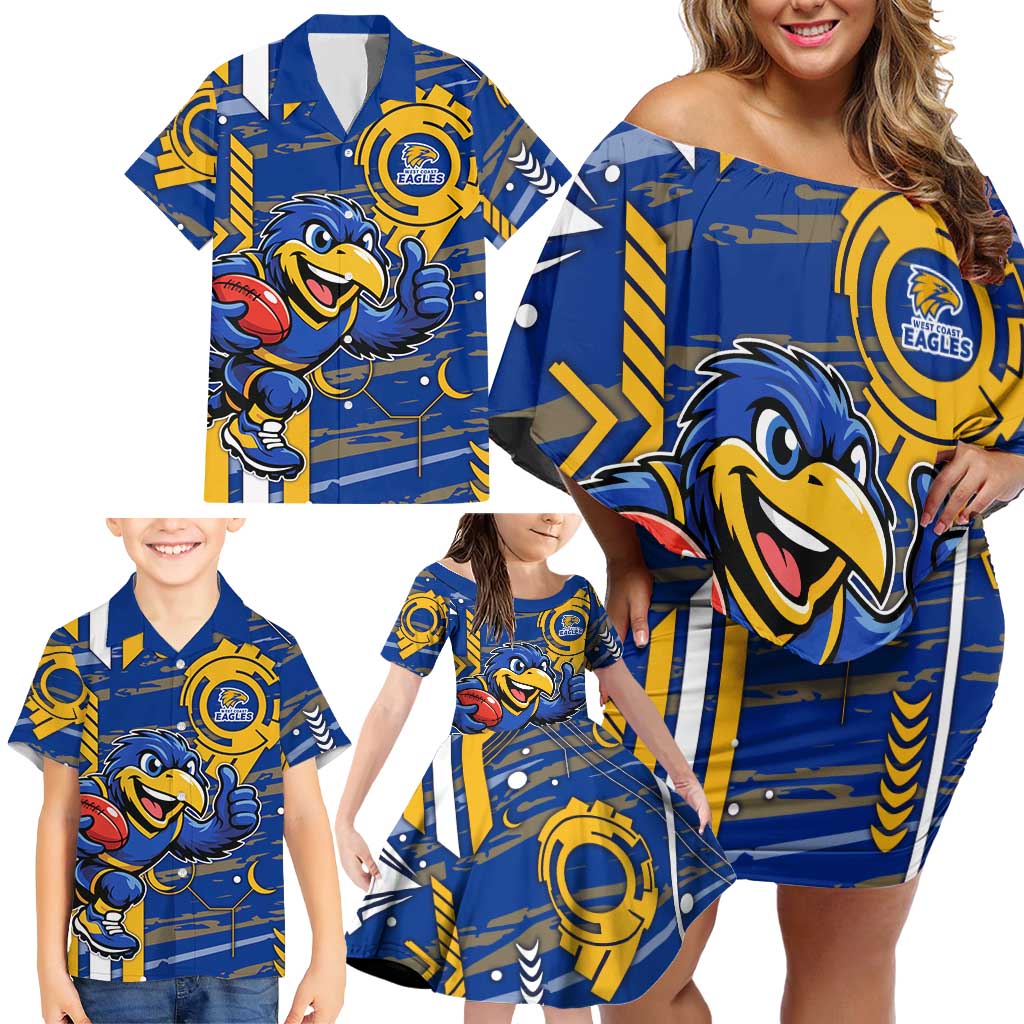 West Coast Eagles Family Matching Off Shoulder Short Dress and Hawaiian Shirt Mascot Cartoon Football Illustration Style