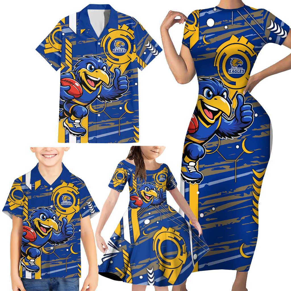 West Coast Eagles Family Matching Short Sleeve Bodycon Dress and Hawaiian Shirt Mascot Cartoon Football Illustration Style