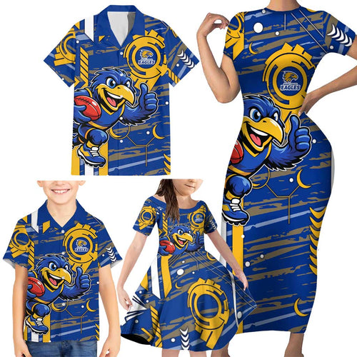 West Coast Eagles Family Matching Short Sleeve Bodycon Dress and Hawaiian Shirt Mascot Cartoon Football Illustration Style