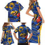 West Coast Eagles Family Matching Short Sleeve Bodycon Dress and Hawaiian Shirt Mascot Cartoon Football Illustration Style