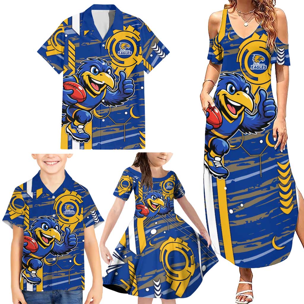 West Coast Eagles Family Matching Summer Maxi Dress and Hawaiian Shirt Mascot Cartoon Football Illustration Style