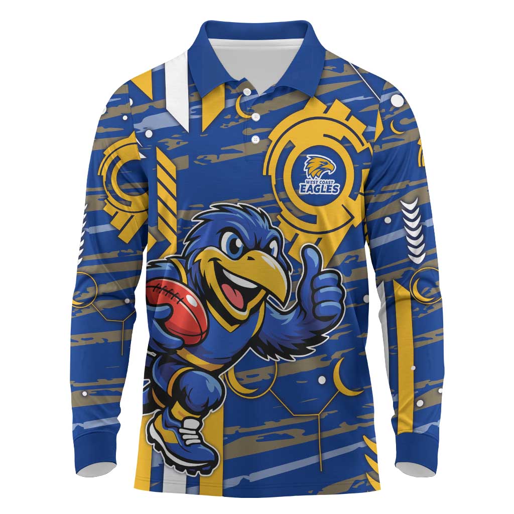 West Coast Eagles Long Sleeve Polo Shirt Mascot Cartoon Football Illustration Style