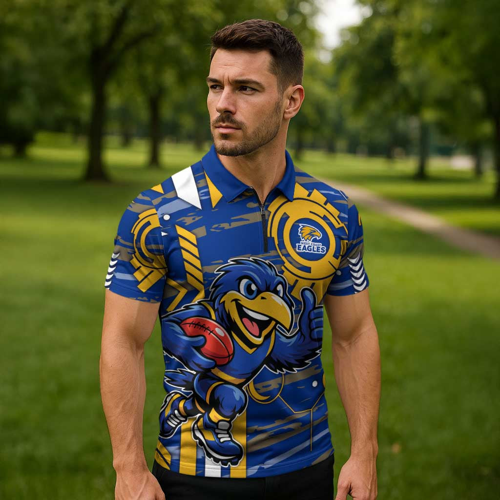 West Coast Eagles Zipper Polo Shirt Mascot Cartoon Football Illustration Style