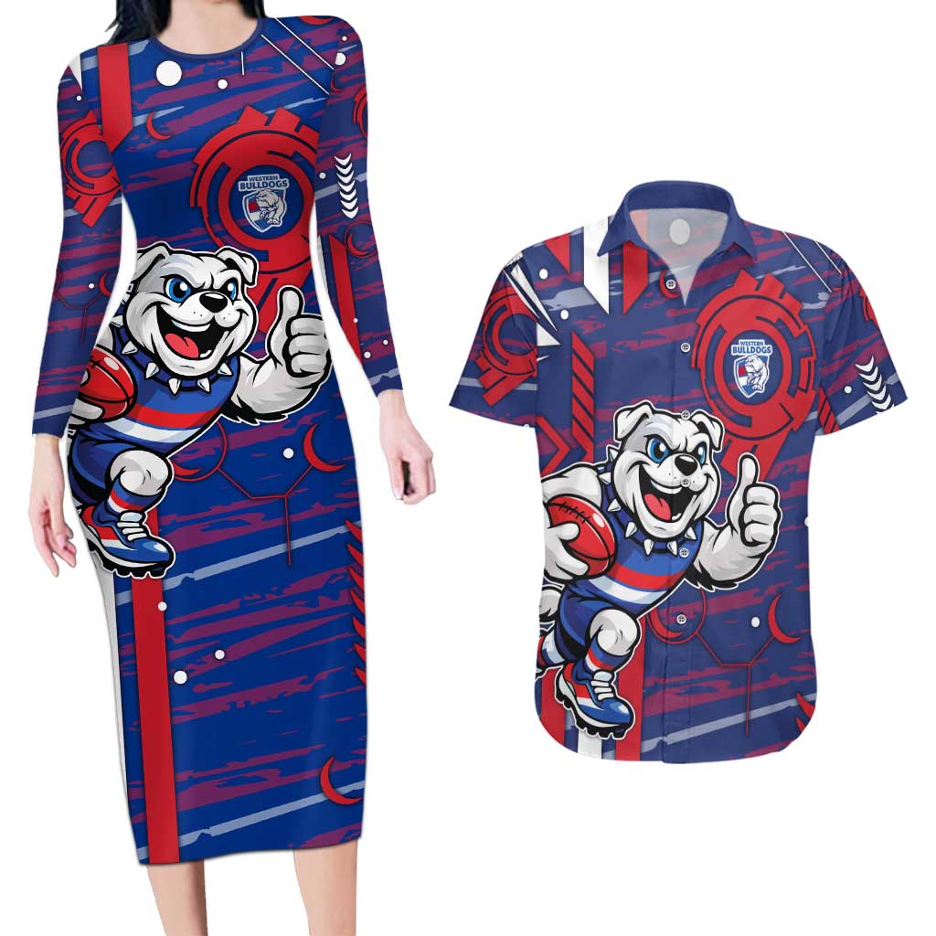 Western Bulldogs Couples Matching Long Sleeve Bodycon Dress and Hawaiian Shirt Mascot Cartoon Football Illustration Style