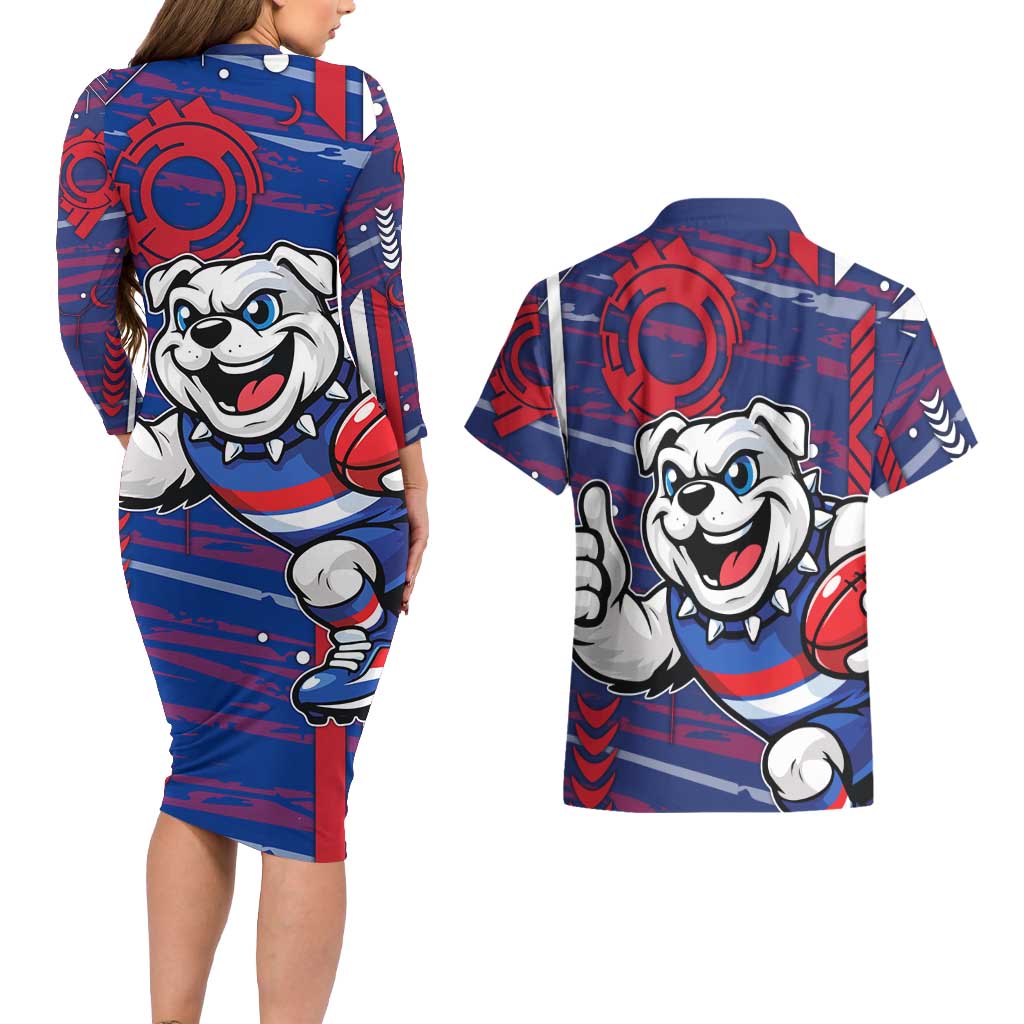 Western Bulldogs Couples Matching Long Sleeve Bodycon Dress and Hawaiian Shirt Mascot Cartoon Football Illustration Style