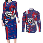 Western Bulldogs Couples Matching Long Sleeve Bodycon Dress and Long Sleeve Button Shirt Mascot Cartoon Football Illustration Style