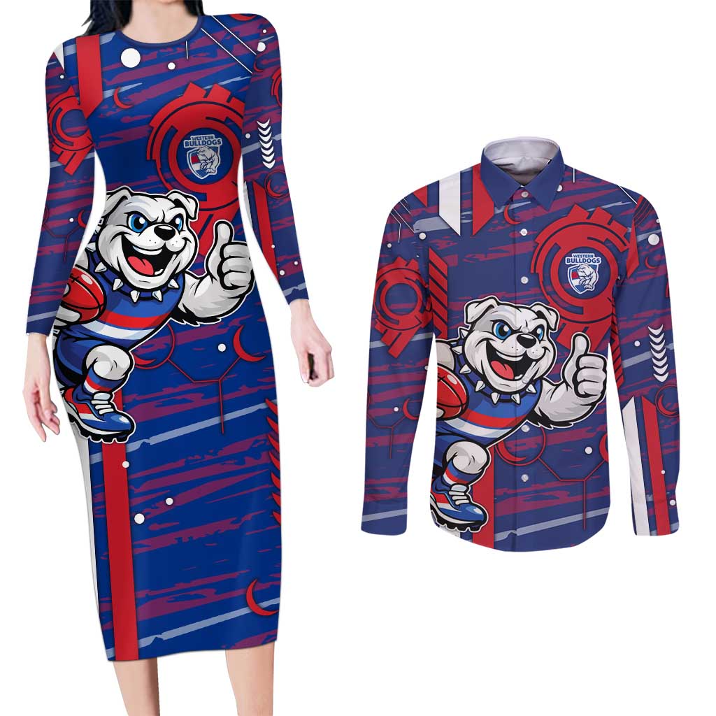 Western Bulldogs Couples Matching Long Sleeve Bodycon Dress and Long Sleeve Button Shirt Mascot Cartoon Football Illustration Style