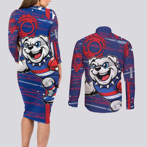 Western Bulldogs Couples Matching Long Sleeve Bodycon Dress and Long Sleeve Button Shirt Mascot Cartoon Football Illustration Style