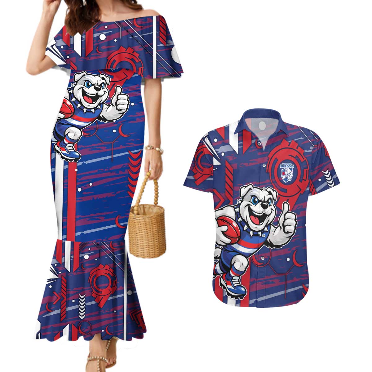 Western Bulldogs Couples Matching Mermaid Dress and Hawaiian Shirt Mascot Cartoon Football Illustration Style