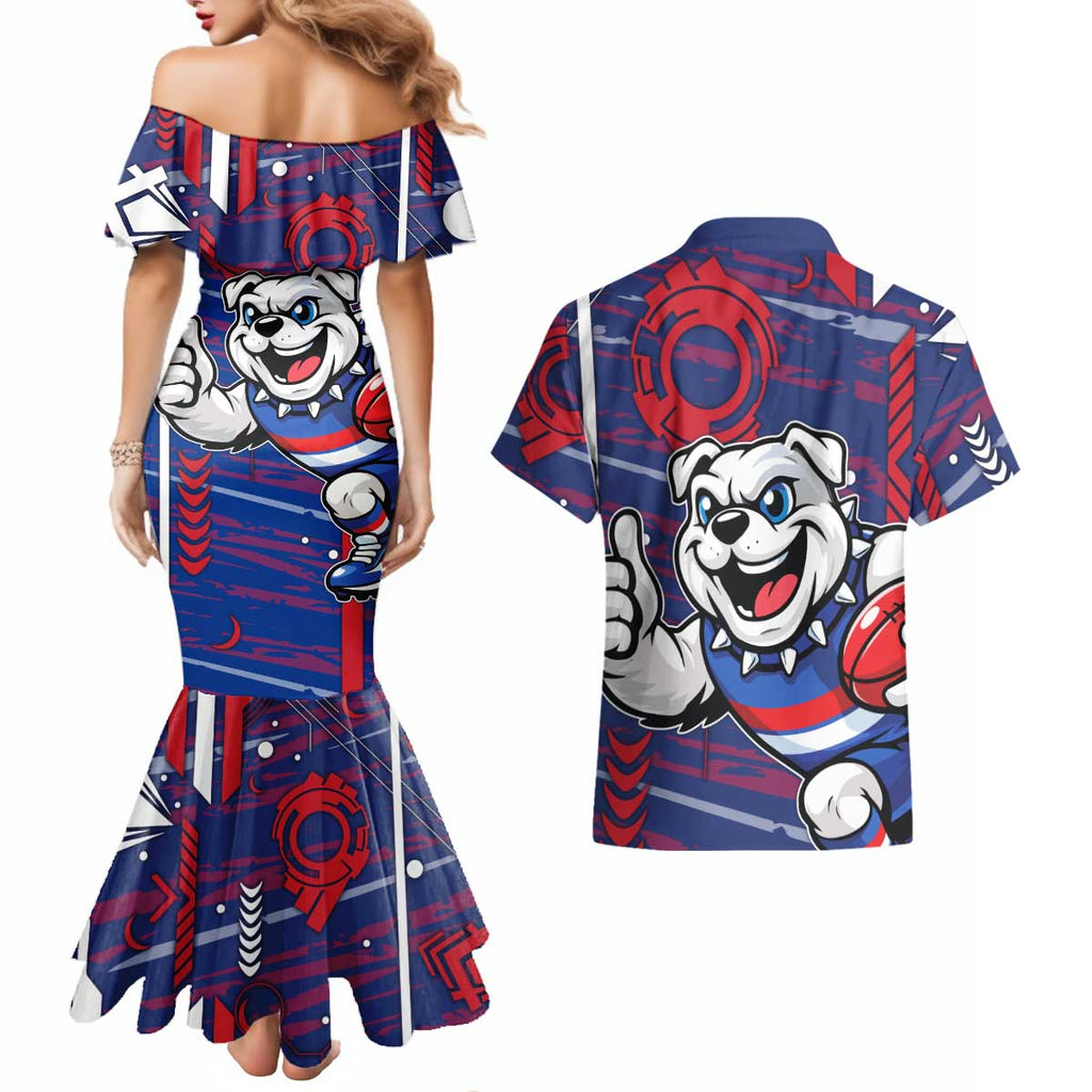 Western Bulldogs Couples Matching Mermaid Dress and Hawaiian Shirt Mascot Cartoon Football Illustration Style