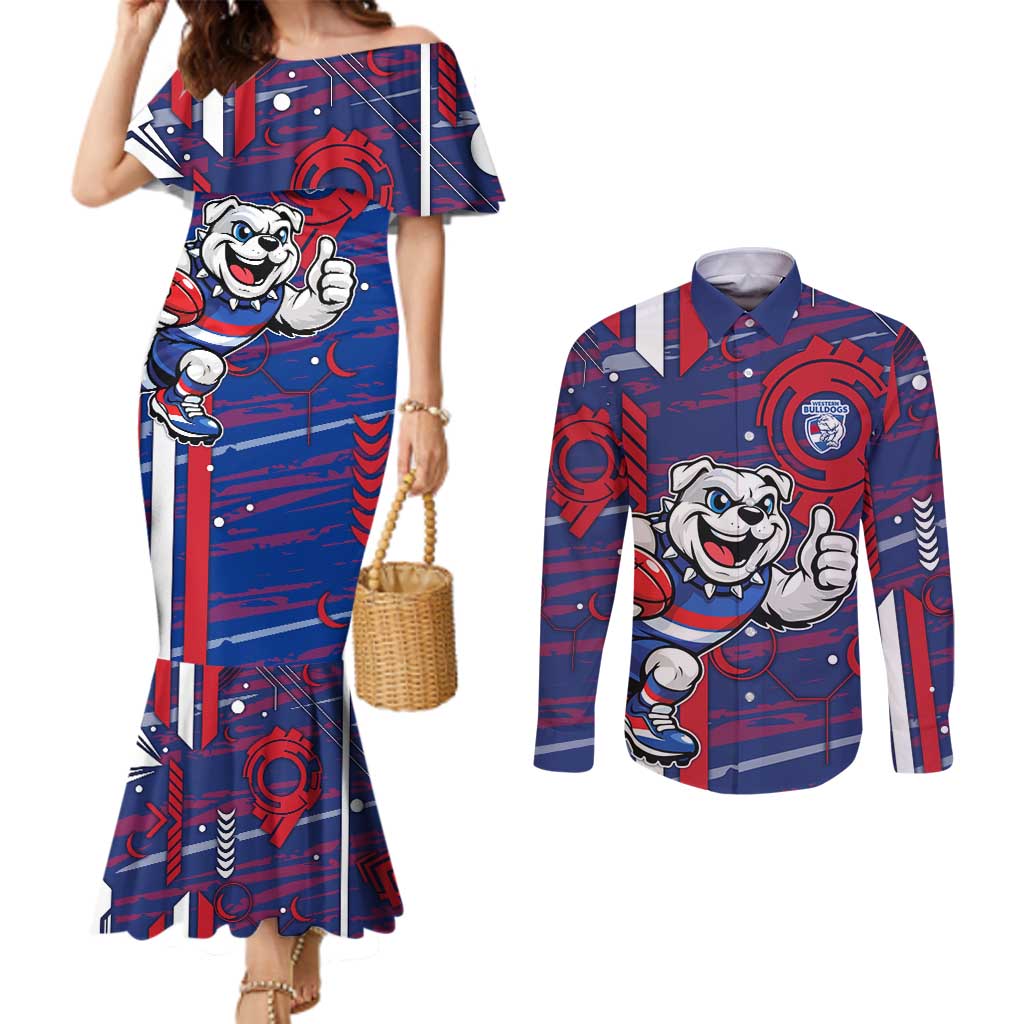Western Bulldogs Couples Matching Mermaid Dress and Long Sleeve Button Shirt Mascot Cartoon Football Illustration Style