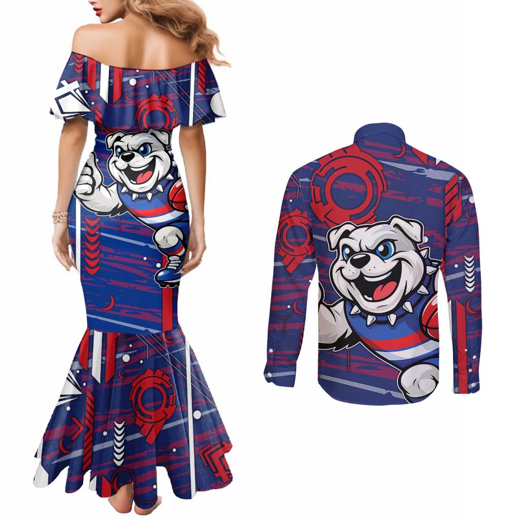 Western Bulldogs Couples Matching Mermaid Dress and Long Sleeve Button Shirt Mascot Cartoon Football Illustration Style