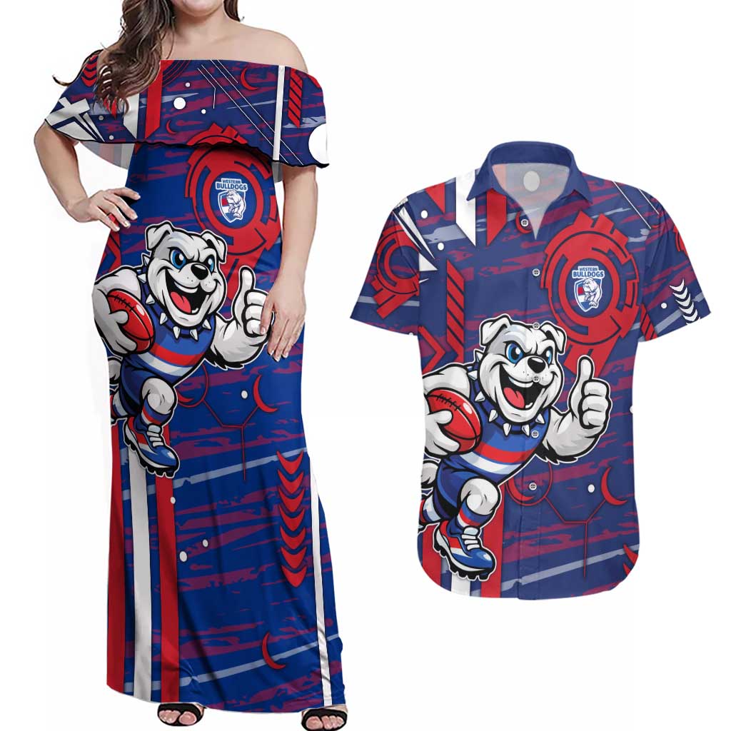 Western Bulldogs Couples Matching Off Shoulder Maxi Dress and Hawaiian Shirt Mascot Cartoon Football Illustration Style