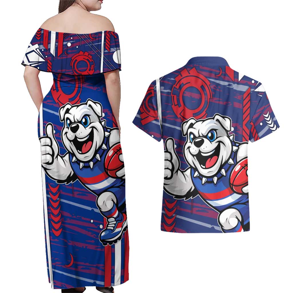 Western Bulldogs Couples Matching Off Shoulder Maxi Dress and Hawaiian Shirt Mascot Cartoon Football Illustration Style