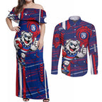 Western Bulldogs Couples Matching Off Shoulder Maxi Dress and Long Sleeve Button Shirt Mascot Cartoon Football Illustration Style