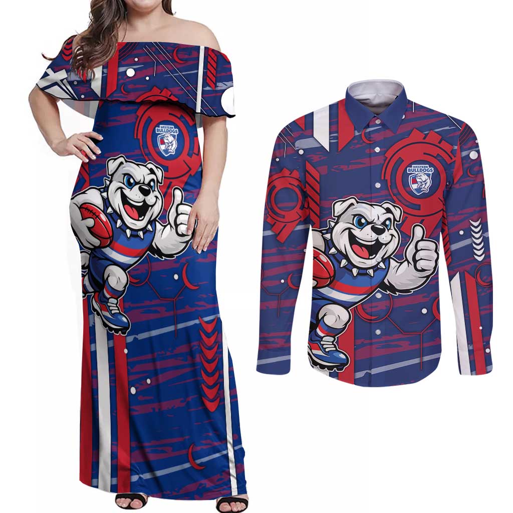 Western Bulldogs Couples Matching Off Shoulder Maxi Dress and Long Sleeve Button Shirt Mascot Cartoon Football Illustration Style